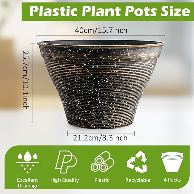RooTrimmer 15.7 Inch Plant Pots 4 Pack, Large Planter Pots for Plants Indoor Outdoor, Sturdy Plastic Flower Pots with Drainage Hole, Retro Decorative Garden Pots, Plant Containers for House, Black