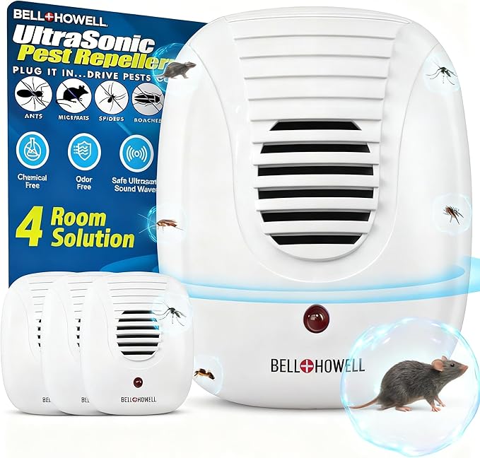 Bell+Howell 4 Pk Upgraded 2026 Ultrasonic Pest Repeller Indoor, Mice Repellent Indoor Home Kit, DIY Pest Control at Home, Plug in Spider Repellent, Rodent Repellent, Bug, Insect, Family & Pet Safe