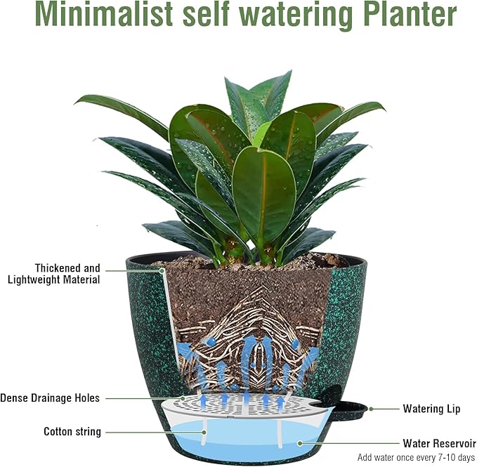 Meowell 12 inch Large Self Watering Pots for Indoor Outdoor Plants, Flower Plant Pots with Mesh Drainage Holes for Garden House Plants, Plastic Planters for Home, Black with Green Speckles