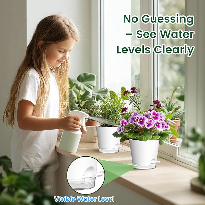 Meowell Self Watering Pots Set of 7 – Assorted Size 4" to 8" Indoor Plant Pots with Drainage Holes and Clear Reservoir for Visible Water Level, Plastic Wicking Planter for House Plants & Flower, White