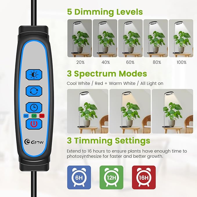 Kullsinss Grow Lights for Indoor Plants, 80 LEDs Full Spectrum Plant Grow Light with 2 Mounting Options, 6/12/16H Timer, 3 Spectrum Modes, 37 in Height Adjustable Desk Growing Lamp (Black/2-Pack)