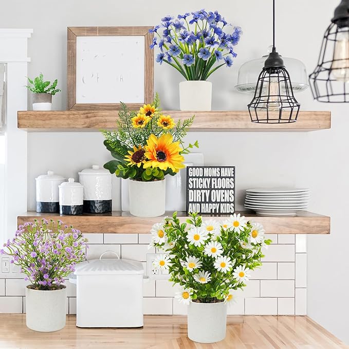 4 Packs Fake Plants Small Artificial Potted Flowers Mini Faux Plants for House Office Bathroom Farmhouse Tabletop Decor