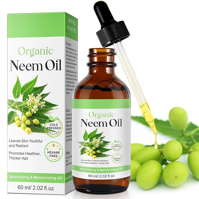 Neem Oil for Skin, Pure Natural Cold Pressing, Free of Hexane, Nourishes the Skin and Hair, Reduces Fine Lines, 2.02 Oz