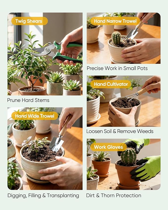 Grenebo Gardening Tools Set, 7 Piece Gardening Hand Tools with Plant Repotting Mat & Tool Bag, Stainless Steel Garden Tools for Succulent Bonsai Plants Transplanting, Gardening Gift for Women & Men