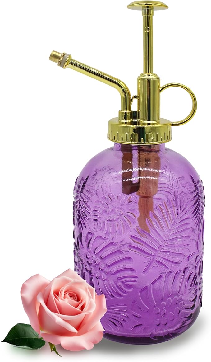 Glass Plant Mister Spray Bottle, 350ML Vintage Plant Spritzer, Succulent Watering Bottle Glass with Top Pump, Small Plants Sprayer Watering Can for Indoor (Purple)