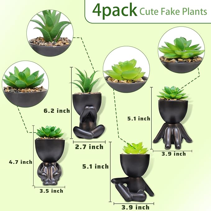 Pack of 4 Black Cute Fake Plants, Artificial Succulent Plants with Creative Human Shaped Pots,Mini Potted Desk Plants for Office Bathroom Shelf Cubicle Home Decor (Matte Black)