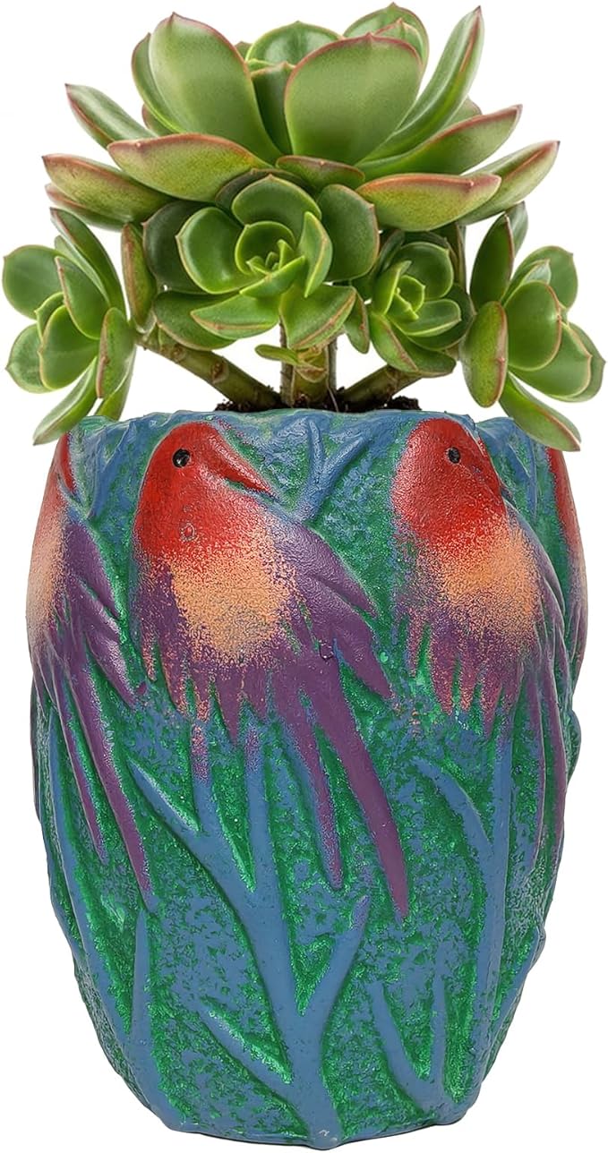 6.2" H Ceramic Flowerpot with Bird Pattern, Green Glazed Oval Planter, Boho Indoor Outdoor Succulent Container with Drainage Hole