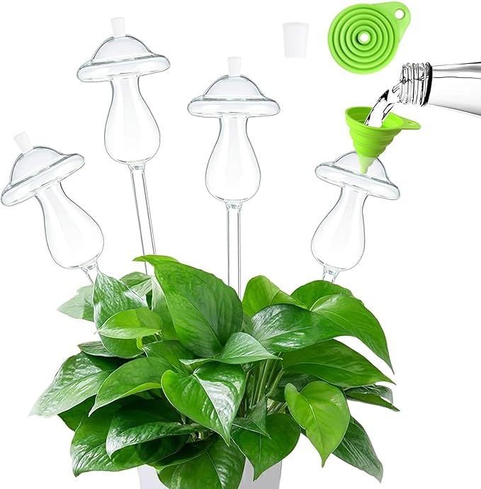 4 PCS Top-Fill Self Watering Globes, Automatic Plant Watering Devices, Transparent Self Watering Planter Insert, Durable Clear Glass Aqua Bulbs for Indoor, Mushroom Shape, & Funnel