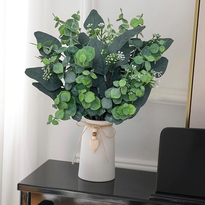 Artificial Silver Dollar Eucalyptus Stems in Vase, Rustic Farmhouse Greenery, Faux Eucalyptus Picks with Baby Eucalyptus & Wooden Heart for Home Décor, Weddings, Bouquets, and Table Centerpieces