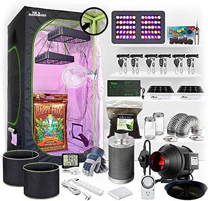 The Bud Grower - Indoor Home Grow Kit - Complete with Tent, 600 Watt LED (Dual 300-Watt) Grow Light, Heat & Humidity Monitor, and CFM Inline Exhausting Fan, & Premium Potting Soil - 24" x 24" x 60"
