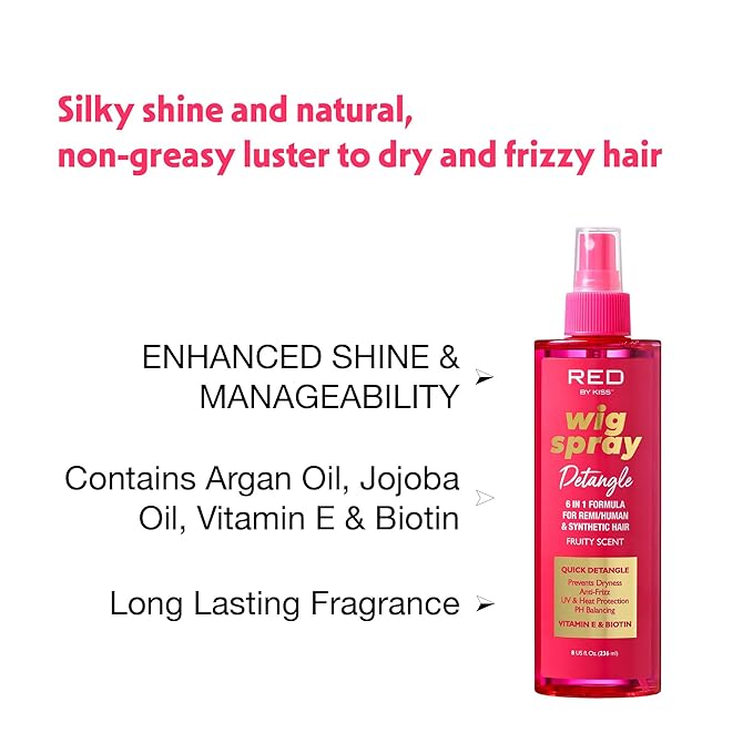 Red by Kiss Wig Spray, Extra Shine & Detangling Control for Remy, Human, Synthetic Hair, UV & Heat Protection, PH Balance & Long-Lasting Fragrance (8oz, Detangling)