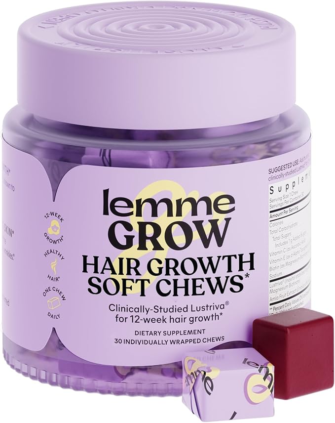 Lemme Grow Hair Growth Booster Soft Chews w/Vitamins for Women and Men with Clinically Studied Lustriva and Biotin, Promotes Thicker, Fuller, Stronger Hair, Mixed Berry, 30 Day Supply