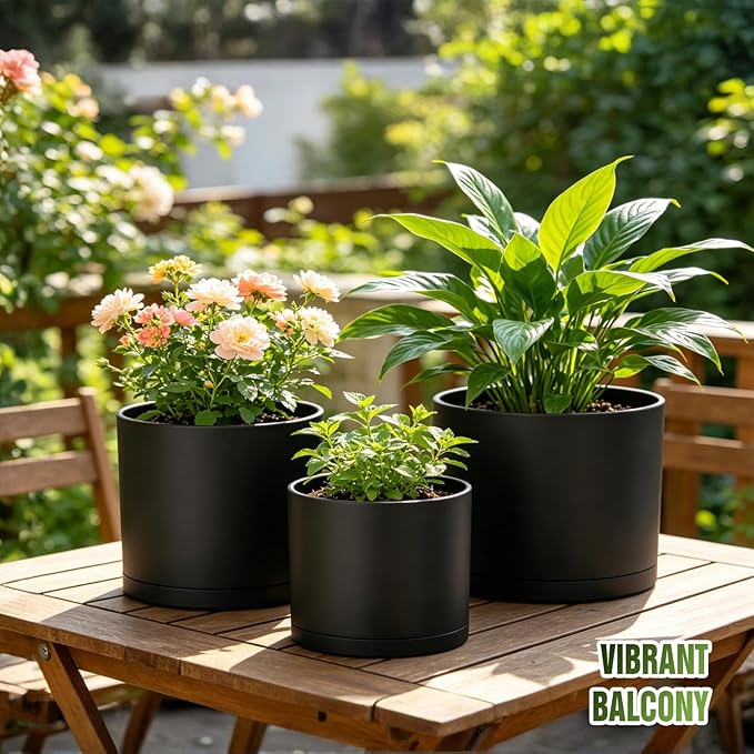 10/9/8 Inch Large Plant Pots with Drainage Holes and Trays, 3 Pack Modern Minimalist Cylinder Planters for Monstera, Snake Plant, Indoor Outdoor (Matte Black)