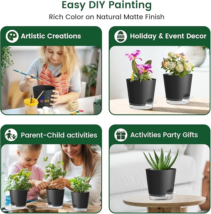 Meowell 6 inch Self Watering Pots for Indoor Outdoor Plants, 6 Pack Flower Plant Pots with Drainage Holes and Clear Reservoirs, Visible Water Level, Plastic Planters with Wicking Rope, Black