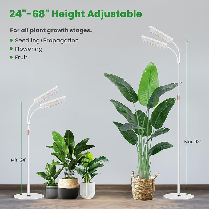 Wiaxulay Grow Lights for Indoor Plants, 306 LED Full Spectrum Plant Light with Stand, Height Adjustable 24-68 in for Growing Large Tall Plants, 4/8/12/16H Timer,3 Lighting Modes,5 Brightness (2 Heads)