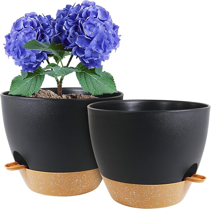 WSMKSZ 10 inch Self Watering Pots, 2 Pack Plastic Planters with Mesh Drainage Holes for Garden Plants and Flower, Plants Pots with Deep Reservoir for Indoor Outdoor Plants, Black with Brown