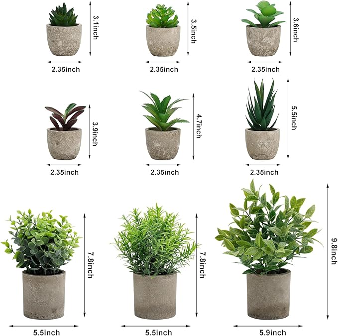 AUUGUU Artificial Potted Plants Faux Greenery in Cement Pots for Shelf, Bookshelf, Office or Home Decor, Small Decorative Fake Plants for Modern Indoor Display (9, XXXL)