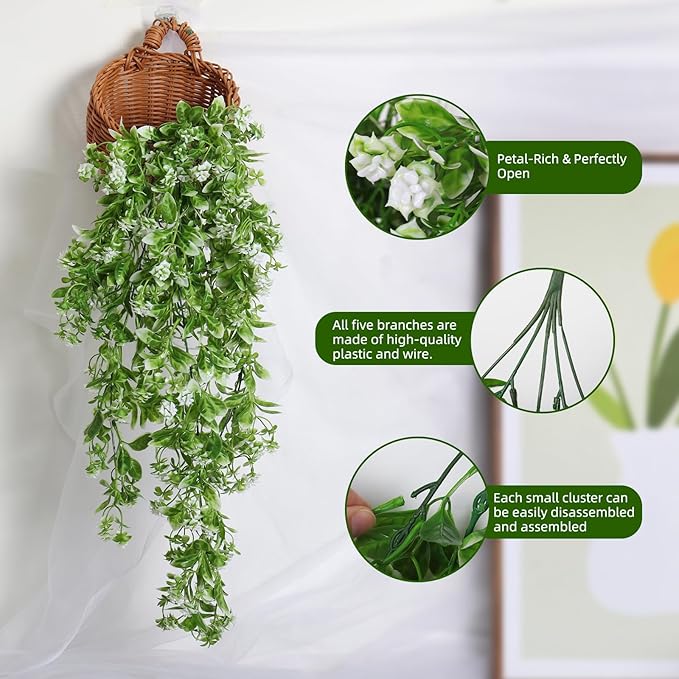 RECUTMS 2Pcs Artificial Hanging Flowers for Outdoor Decoration Fake Hanging Plants Faux White Flowers Artificial UV Resistant Plastic Greenery Vines Ivy for Outdoor Indoor Garden Party Decor（White）