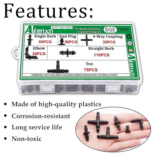 340PCS 1/4" Drip Irrigation Kit Barbed Connectors, Straight Barb, Tee, Single Barb, End Plug, Elbow, 4 Way Coupling Irrigation Fittings for Garden Lawn Flower Pot