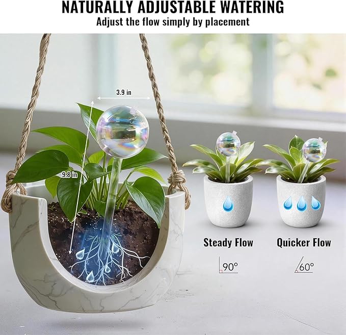 20oz Glass Watering Globes for Plants, 4 Pack Iridescent Self-Watering Bulbs, Top-Fill Opening with Rubber Stopper, Angle-Control Slow Drip, Includes Soil Starter Stick, Indoor Outdoor Vacation Care