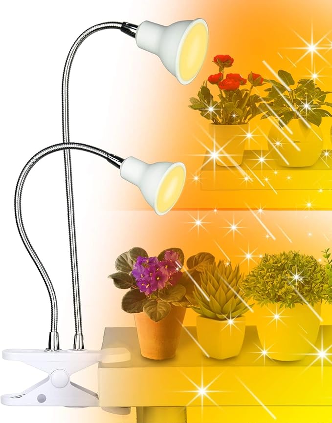 DOMMIA Grow Lights for Indoor Plants,Full Spectrum Grow Light with Warmwhite Red LED,Dual Head Clip Plant Light for Indoor Plants,Manual ON/Off Switch,Adjustable Gooseneck Plant Light for Houseplants