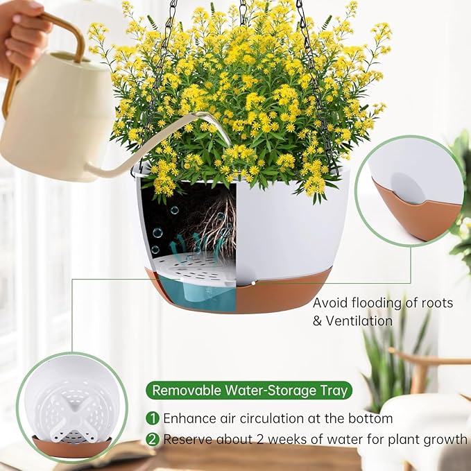 Set of 2 Hanging Planters for Indoor Outdoor Plants, 10 Inch Self-Watering Hanging Flower Pots with Drainage Hole & Removable Water-Storage Tray (Hooks)