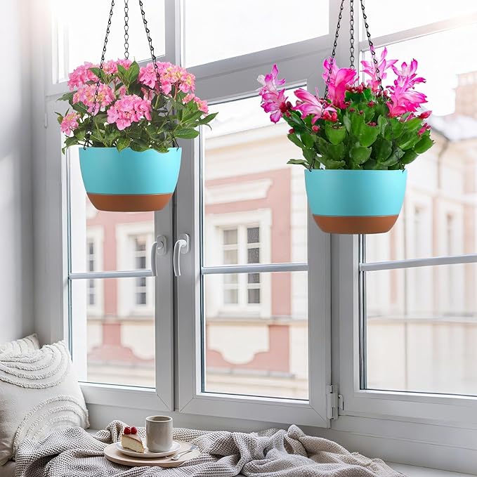 Set of 2 Hanging Planters for Indoor Outdoor Plants, 10 Inch Self-Watering Hanging Flower Pots with Drainage Hole & Removable Water-Storage Tray (Hooks)