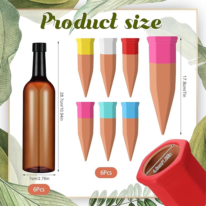SiliFine 6 Sets Plant Watering Devices Include Terracotta Self Watering Spikes and 26 oz Plastic Bottles, Slow Release Vacation Insert Automatic Plant Waterer Device (Brown and Mixed Color)