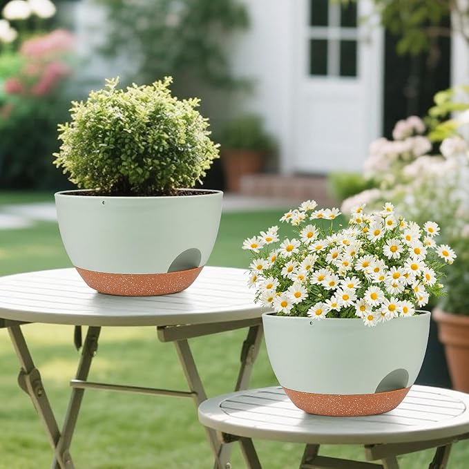 Vanslogreen Plant Pots 12inch Self Watering Pots, Set of 2 Plastic Planters with Drainage Holes and Saucers, Flower Pots for Indoor Outdoor Plants (Green)
