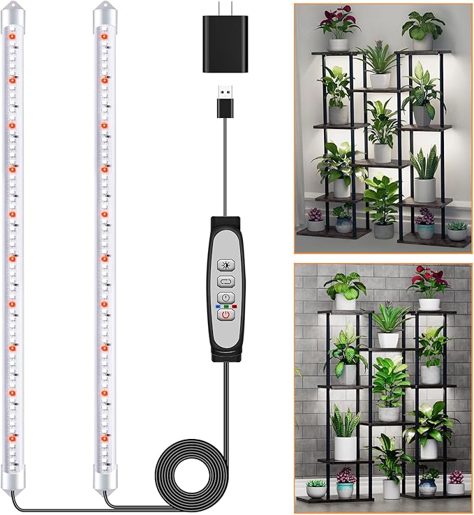 SDOVUERC 2 Bars Grow Light Strips for Indoor Plants with Auto ON/Off Timer 6/12/18H, 5 Dimmable Levels for Shelves Plant Growing (2 Bars, 1 Pack)