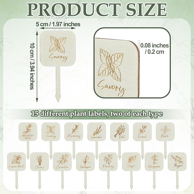 Leinuosen 30 Pcs Wooden Plant Labels Herb Markers Garden Labels with Printed Herb Name Herb Tags Wood Garden Stakes for Indoor and Outdoor Potted Seed Herbs