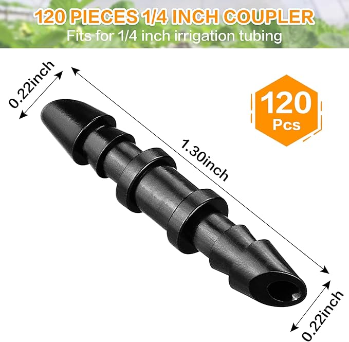 Gardrip Drip Irrigation Coupling Fittings：120 Pieces Barbed Coupler Irrigation Parts with Sharp End Fits for 1/4 Inch Irrigation Tubing Drip Line Connectors for Garden Lawn Irrigation System