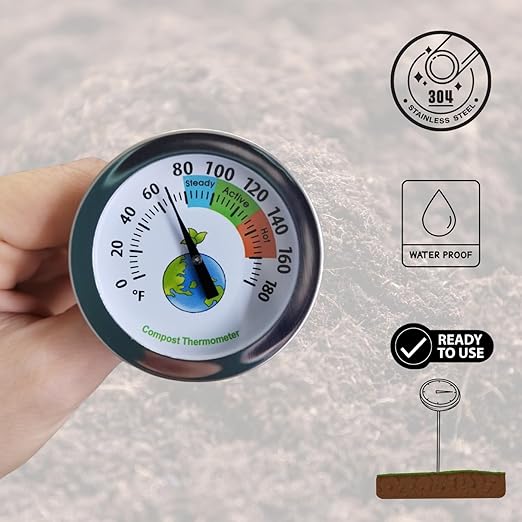 20 Inch Compost Soil Thermometer 0-180° Fahrenheit Backyard Stainless Steel Stem for Composting Bins Outdoor Gardening Planting Easy-to-Read 2.1” Dial Display