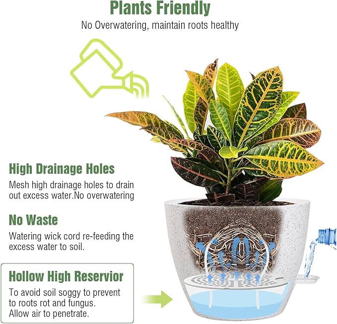 UOUZ 10/9/8 inch Self Watering Pots, Set of 3 Plastic Planters with Mesh Drainage Holes and Deep Reservoir for Indoor Outdoor Garden Plants and Flowers, White Speckles