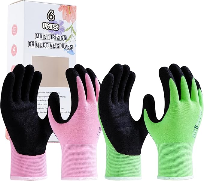 HandLove 6 Pairs Gardening Gloves for Women-Moisturizing Durable Work Gloves.Latex-free Sandy Nitrile Coated for Yard Garden,Touchscreen Friendly Protective Work with Grip, Small,Pink&Green