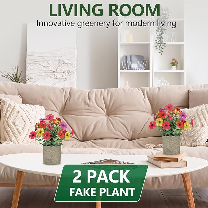 2 Pack Small Fake Plants Potted Artificial Plants Artificial Flowers Potted Faux Flower Daisy with Eucalyptus Leaves for Home Decor Office Room Farmhouse Indoor Table Bathroom Decor（Colorful）