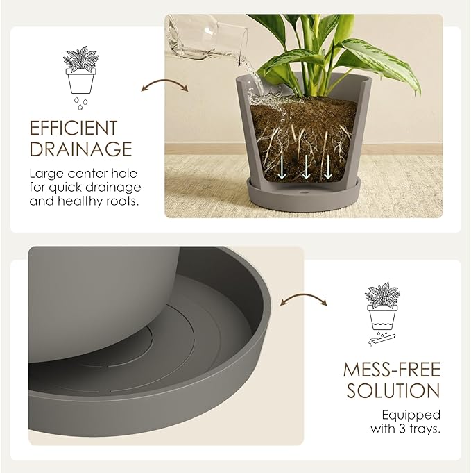 Bamworld 3 Pack Plastic Plant Pots with Drainage Holes and Saucers 6/7/8 Inch 5mm Thick Modern Decorative Flower Pots for Indoor Outdoor Plants Gray