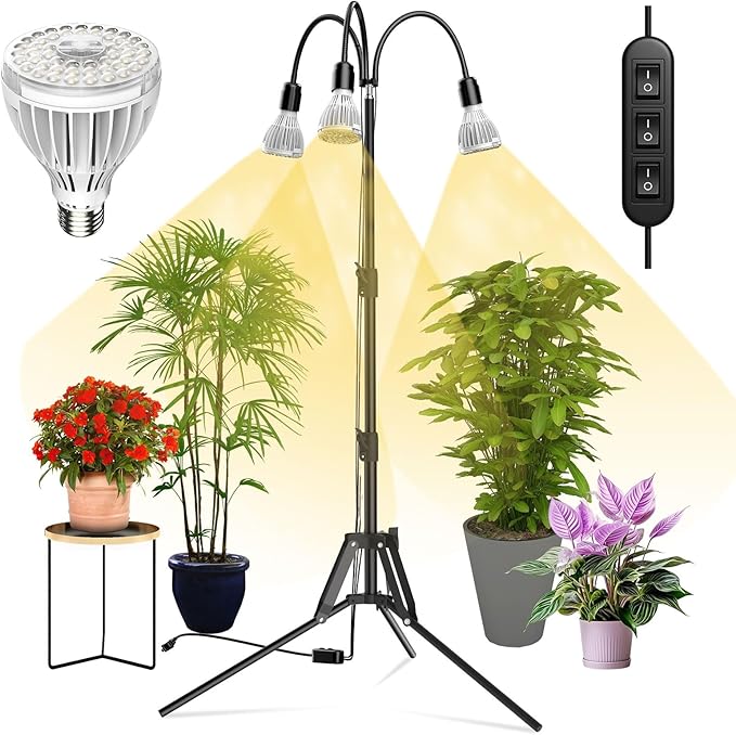 SANSI Grow Lights for Indoor Plants, 96W Full Spectrum Grow Light, No Dimmable 35-64 inches Detachable Tripod Standing Grow Lights, High PPFD 3 Pack of Par25 32W Bulb Plant Lights for Indoor Growing