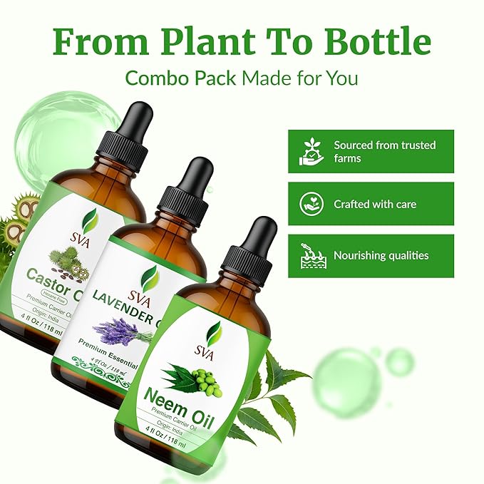 SVA Neem, Lavender and Castor Oil 4 oz Bundle Super Saver Combo – Premium Grade Bundle Set for Hair Oiling, Scalp Massage, Hair Care, Face, Skin Care and Body Massage