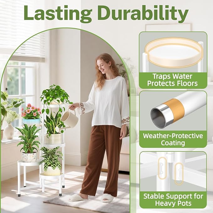 iDavosic.ly Plant Stand Indoor Outdoor, 5 Tier Corner Metal Flower Display Holder Shelf, Folding Tall Orchid Rack for Patio Balcony Porch Garden Living Room House, White