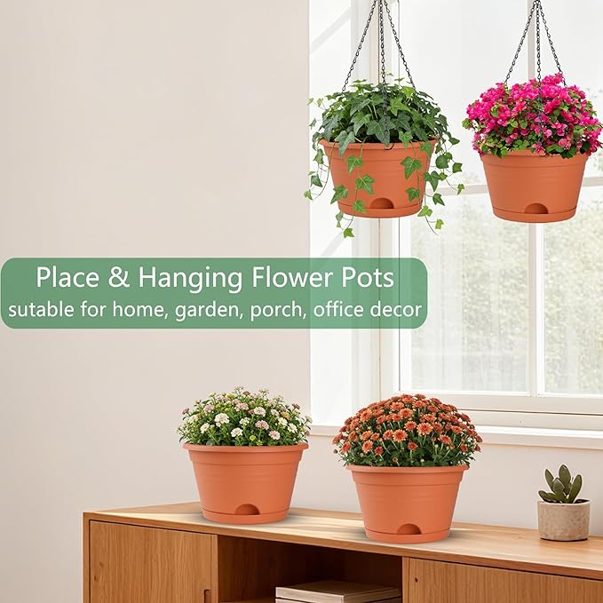 Nooulap 4 Pack Hanging Planters, 10 Inch Hanging Plant Pot with Hanger Chain & Drainage Trays, Hanging Baskets for Plants Outdoor Indoor, Plastic Flowers Pots for Home, Garden Decor (Red)