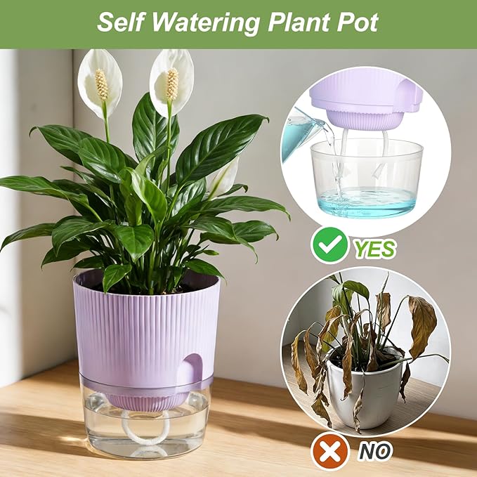 Self Watering Pots for Indoor Plants, 4 Pack 5.7 Inch Flower Pots with Deep Reservoir & Drainage Holes, Yellow Purple Plastic Planters with Water Level Window for Succulents Orchids
