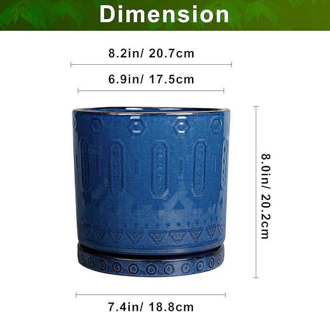Eightpot Ceramic Planter - 8 Inch Plant Pot Indoor with Drainage Holes and Saucer Round Planter Outdoor Mid-Century Modern Flower Pot Succulent Pot for Home Decor Blue