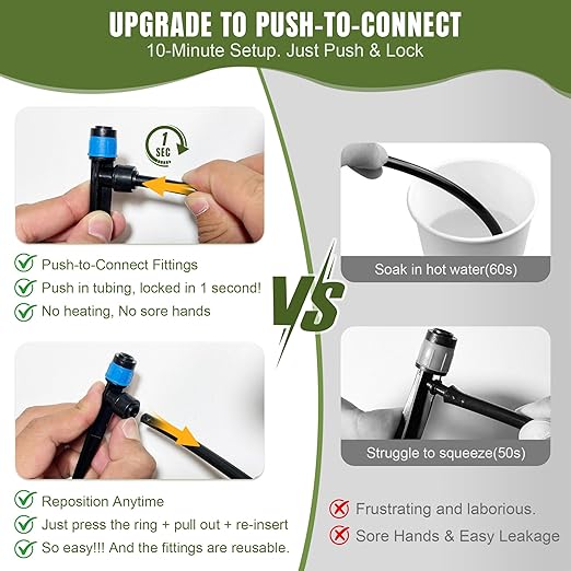 Drip Irrigation System Push-to-Connect Garden Watering System Kit for Raised Beds, Expandable DIY Drip Irrigation Kit with 1/2" & 1/4" Tubing, Adjustable Emitters, Leak-Proof Connectors
