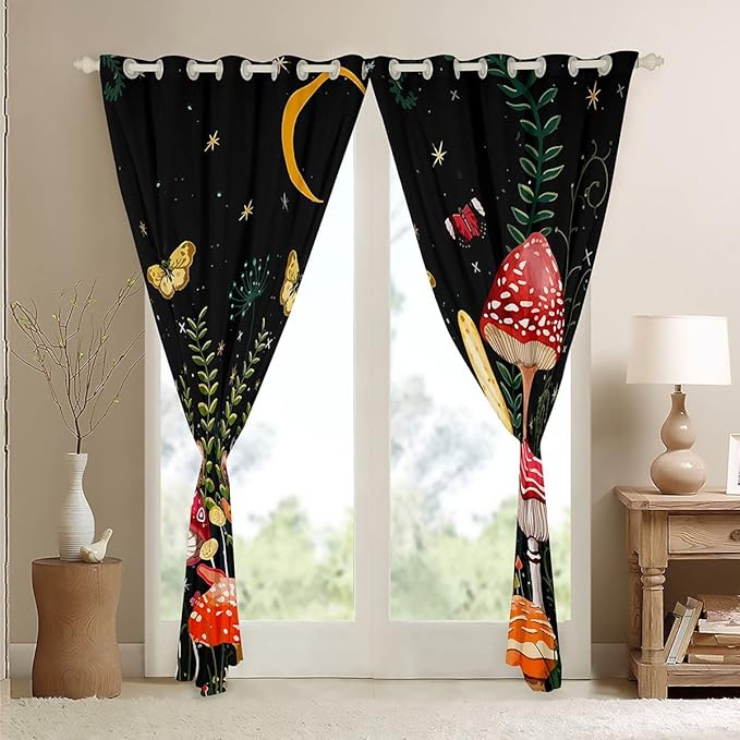 Feelyou Kids Room Decor Mushroom Window Curtains Bedroom Living Room Natural Wild Fungus Curtains Kids Boys Girls Botanical Plants Window Drapes Butterfly Window Treatment 52W X 96L，2 Panels