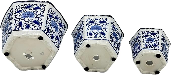 Galt International Blue & White Floral Porcelain Ceramic Decorative Flower Pot 8"/6"/4.5" Garden Pots Chinese Asian Design - Set of 3 Hexagonal