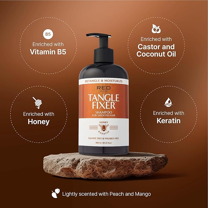 Red by Kiss Tangle Fixer with Honey & Keratin, Sulfate-Free Detangling Shampoo for Shine & Frizz Protection, Mango & Peach Scent