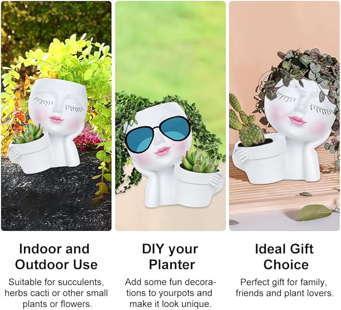 Lady Face Resin Planter Pot - Dual Planting Spaces & Drainage Holes, Indoor/Outdoor Decor for Succulents/Cactus - Unique Gift for Plant Lovers (White)