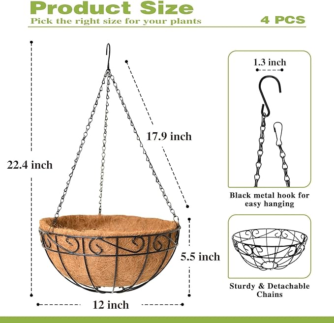 4 Pack 12 Inch Hanging Baskets for Plants Outdoor Metal Hanging Planter Hanging Flower Baskets with Coco Fiber Liners Chain Round Wire Plant Holder Flower Pots(Plaid)