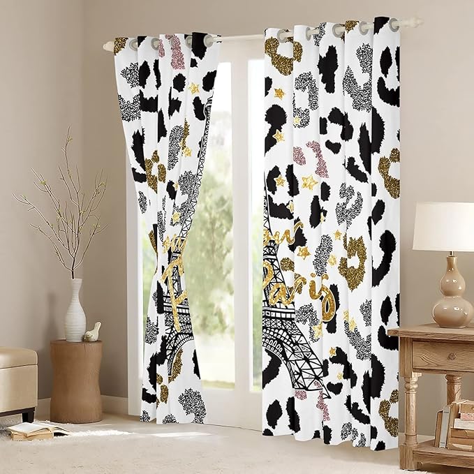 Feelyou Eiffel Tower Curtains Leopard Print Window Curtains Bedroom Living Room Kids Room Decor Boys Girls Paris Tower Window Drapes Cheetah Print Window Treatments 52W X 96L，2 Panels